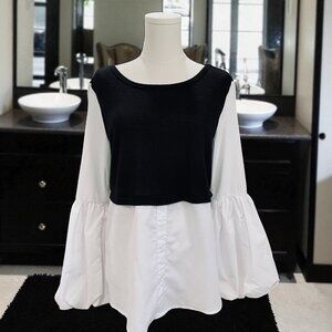 Miss Lili Blk/Wht Layered Bell Sleeve Blouse Statement Top Minimalist Chic SZ S